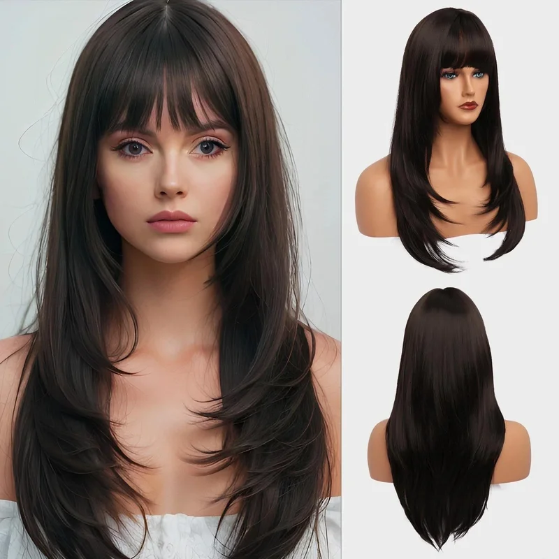 Real Hair Medium Length  With Bangs Dark Brown Straight Women s20in