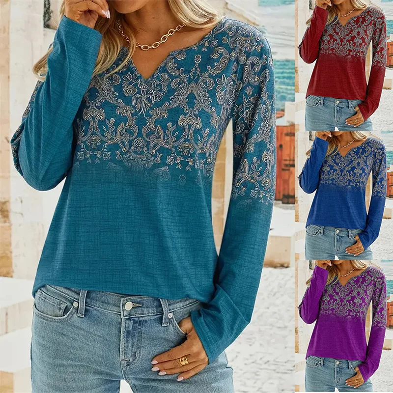

Fashionable Long Sleeve T-Shirt V-Neck Ethnic Style Casual Cleanfit Loose Cotton Blend Breathable Print T-Shirt for Autumn Wi...
