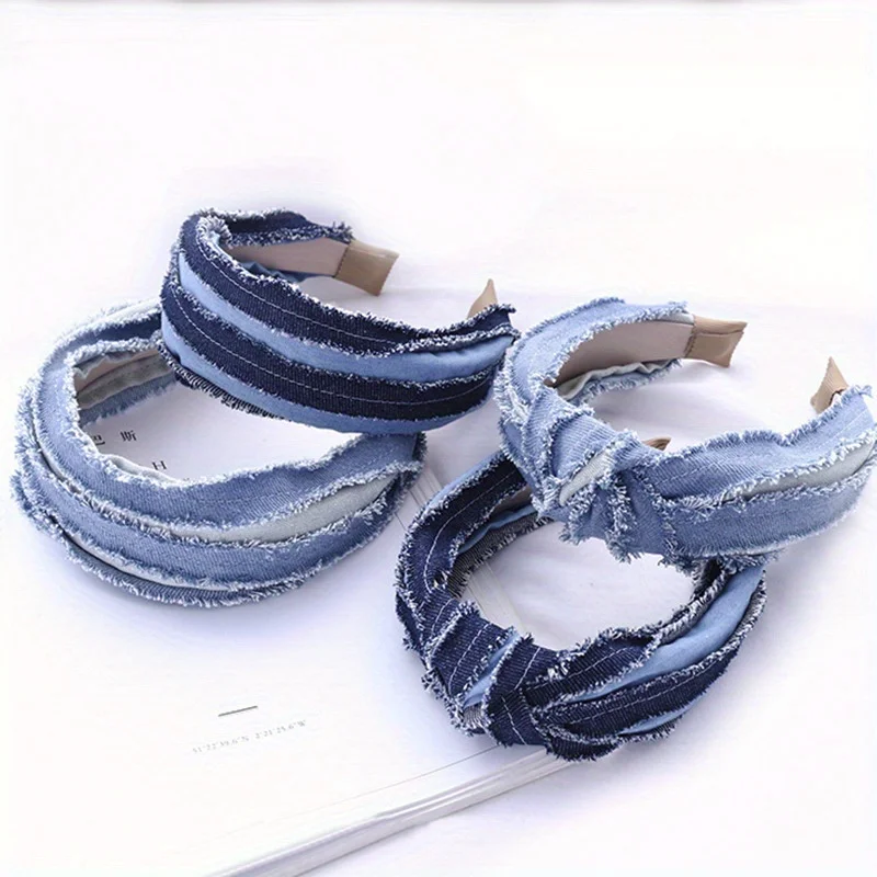 

Wide Side Denim Hairband New Fashion Women Girls Headband Vintage Hair Hoop Raw Edge Headwear Adult Center Knot Hair Accessories