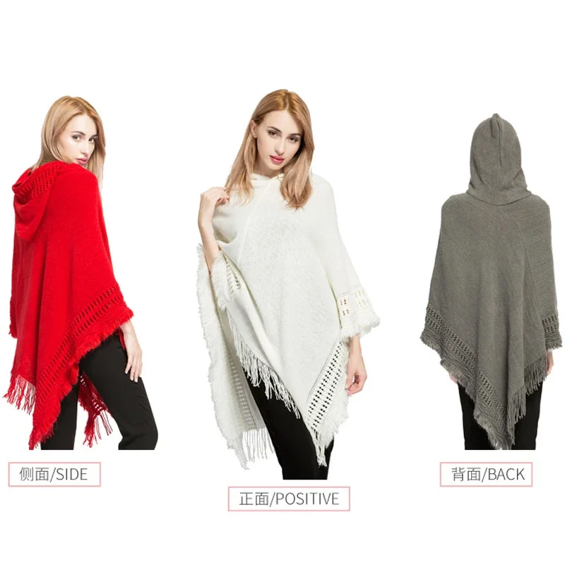 2025 Mantella da donna con cappuccio e orlo con frange, poncho all'uncinetto, modelli di lavoro a maglia per donna