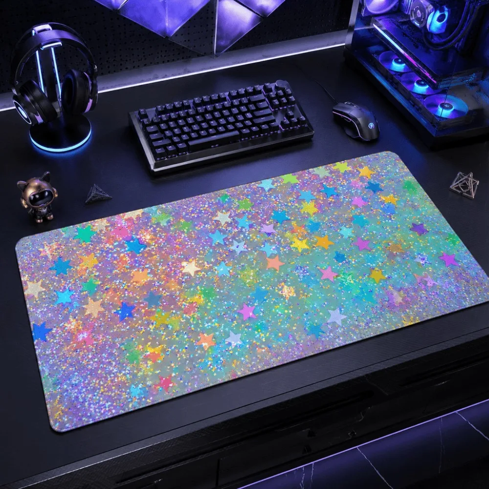 The rainbow glittering star pattern game floor mat is suitable for gamers and computer users. It has a rectangular non-slip