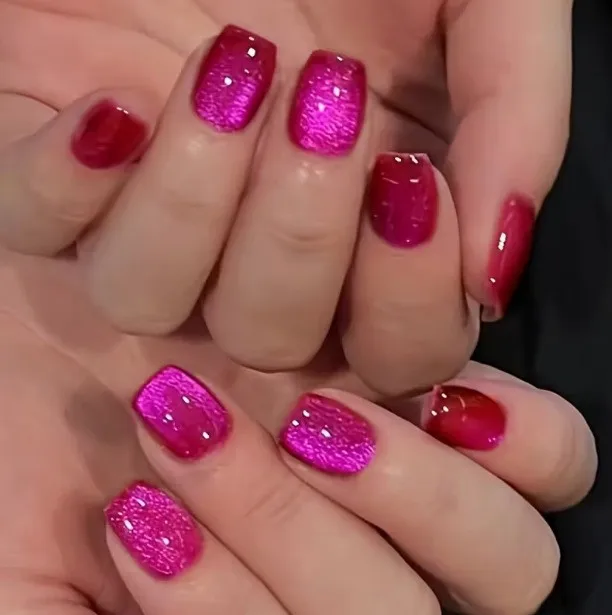 30PCS Short Length Dragon Fruit Cat Eye Press-On Nails Ins Trendy False Nail Tips Reusable Removable Cat Eye Manicure
