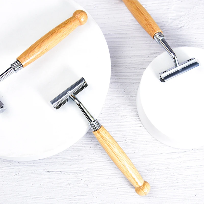 Lâminas descartáveis para homens, barbeador manual de segurança, punho de bambu, cabeça de aço inoxidável, máquina de barbear do curso do hotel, casa