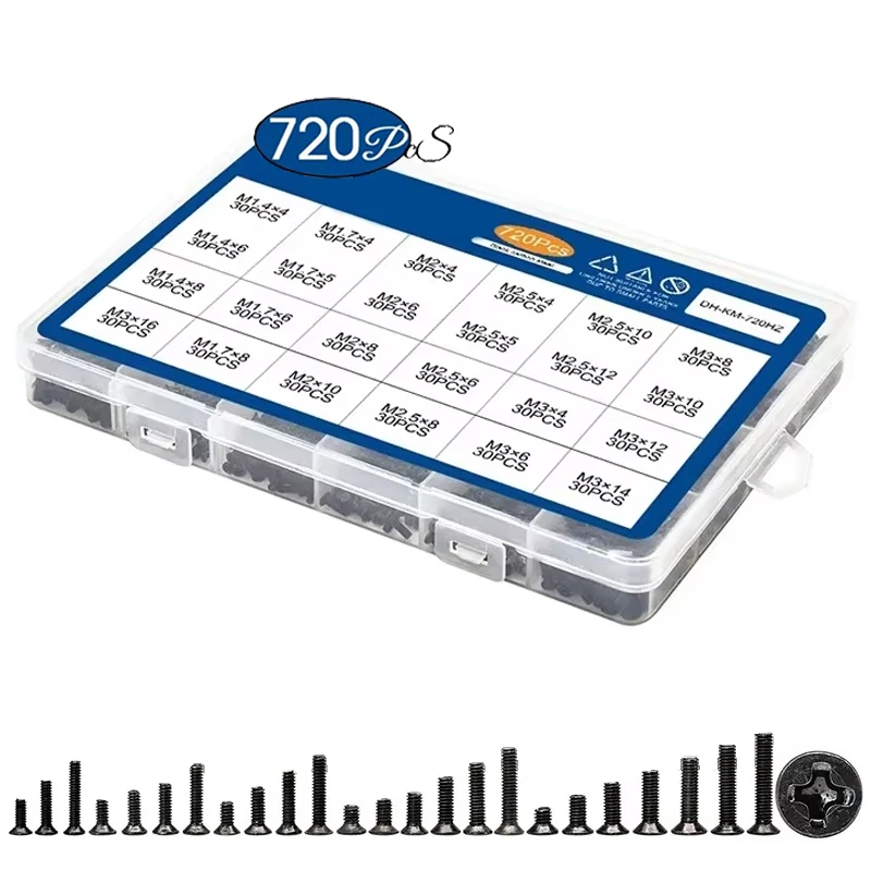 720 pçs/set escareado cabeça plana phillips pequeno mini parafuso conjunto m1.4/1.7/2/2.5/3 aço carbono computador notebook portátil parafusos kit