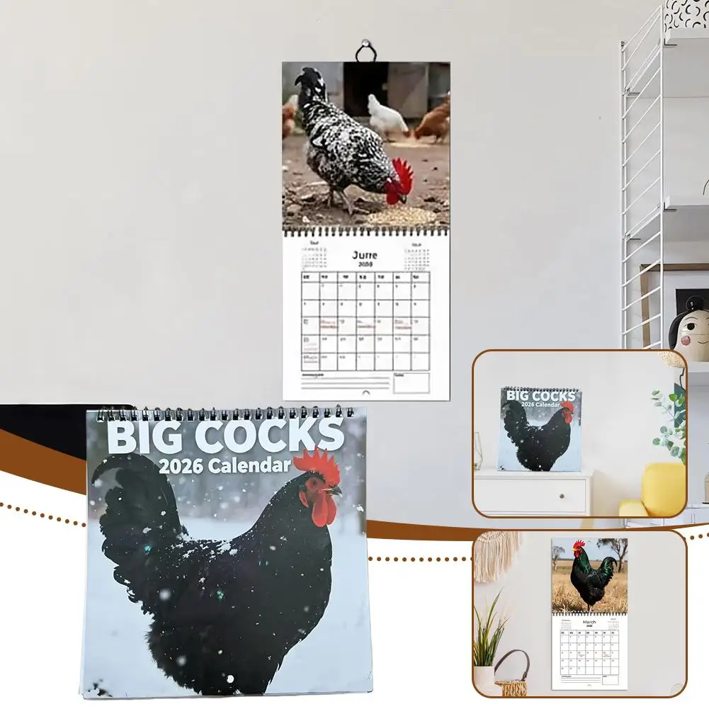 Calendario de Pared 2026 BIG COCKS, Decoración de Papel de Alta Calidad, Regalos Memorables Chinos, Calendario de Gallo Funcional y Divertido