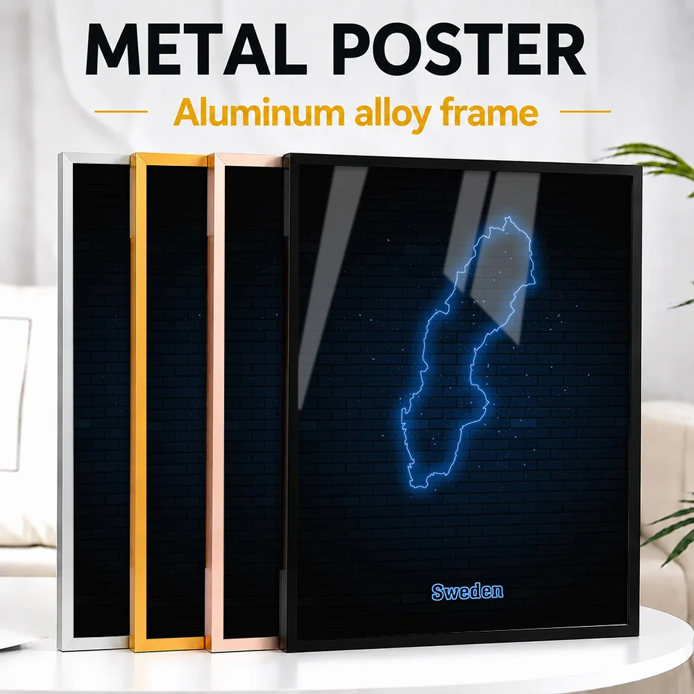 Sweden Map Outline Metal Poster With Aluminum Alloy Frame Customized Neon Style Wall Art For Travel Agency And Guest Bedroom