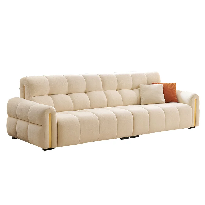 

French light luxury chocolate piano keys straight row sofa cream wind small apartment puff fabric sofa