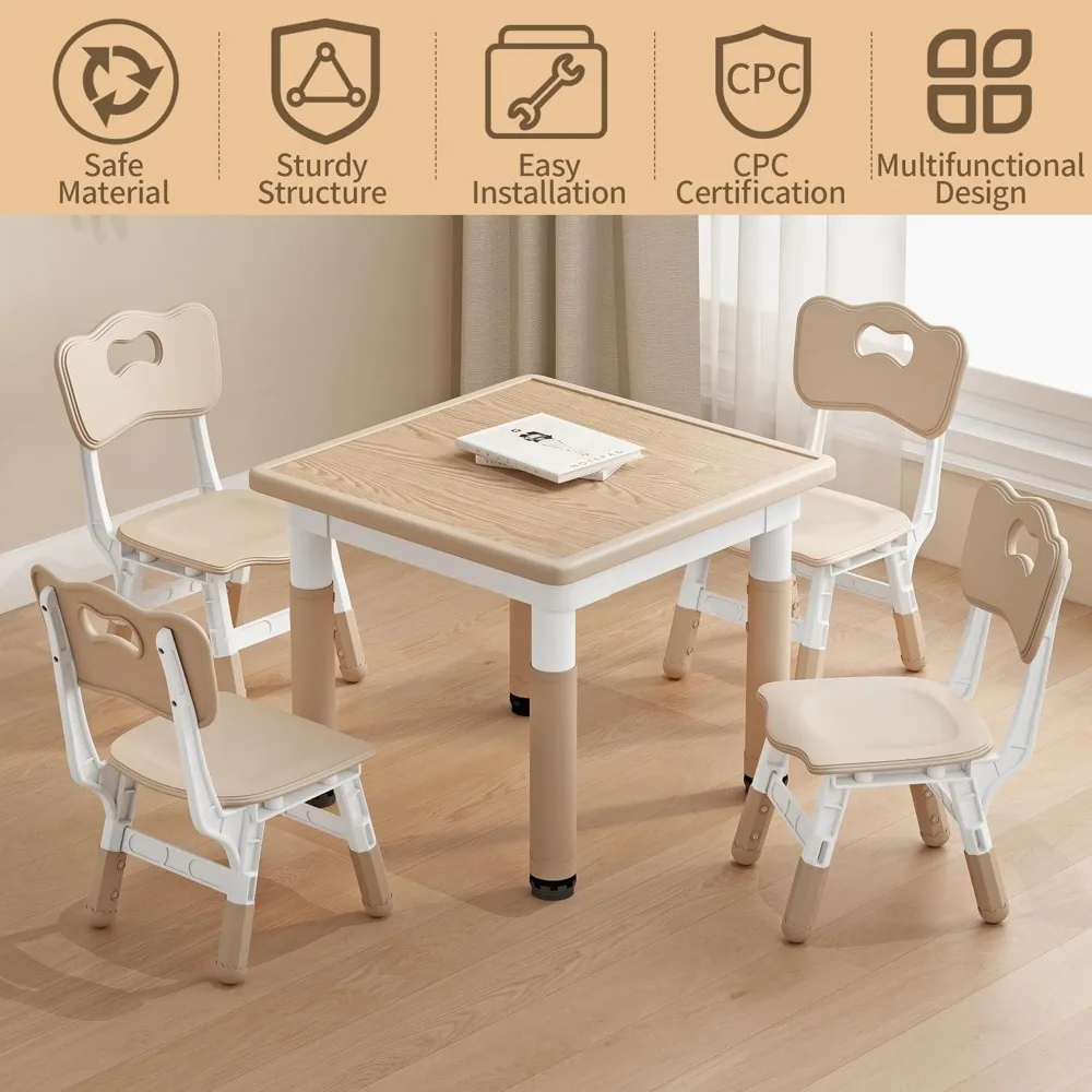 Height Adjustable Childrens Table and Chair Set, Kids Tables for Age 2-8, Graffiti Desktop, Table for Kids with 4 Seat