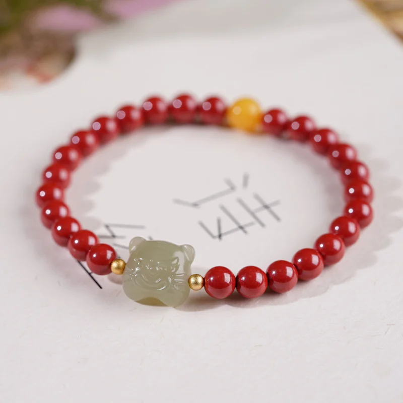 

Benjamin Bracelet Men's and Women's Transporter Hetian Jade Zodiac Tiger Cinnabar Bracelet Auspicius Transporter Jewelry