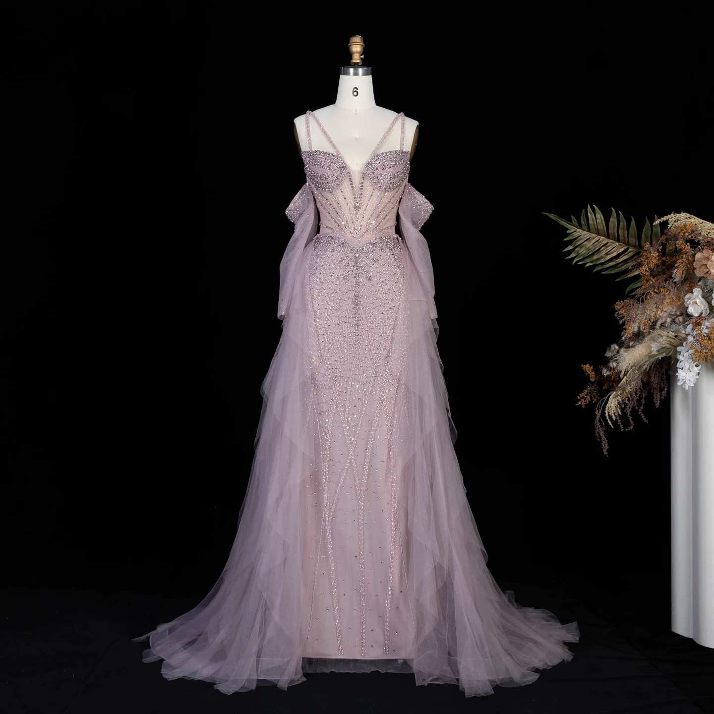 Sharon Said Dubai Grünes Abendkleid mit Spaghettiträgern, Perlen und Rüschenärmeln, formelles Ballkleid für Damen, SS123, maßgeschneidert – Detail 18