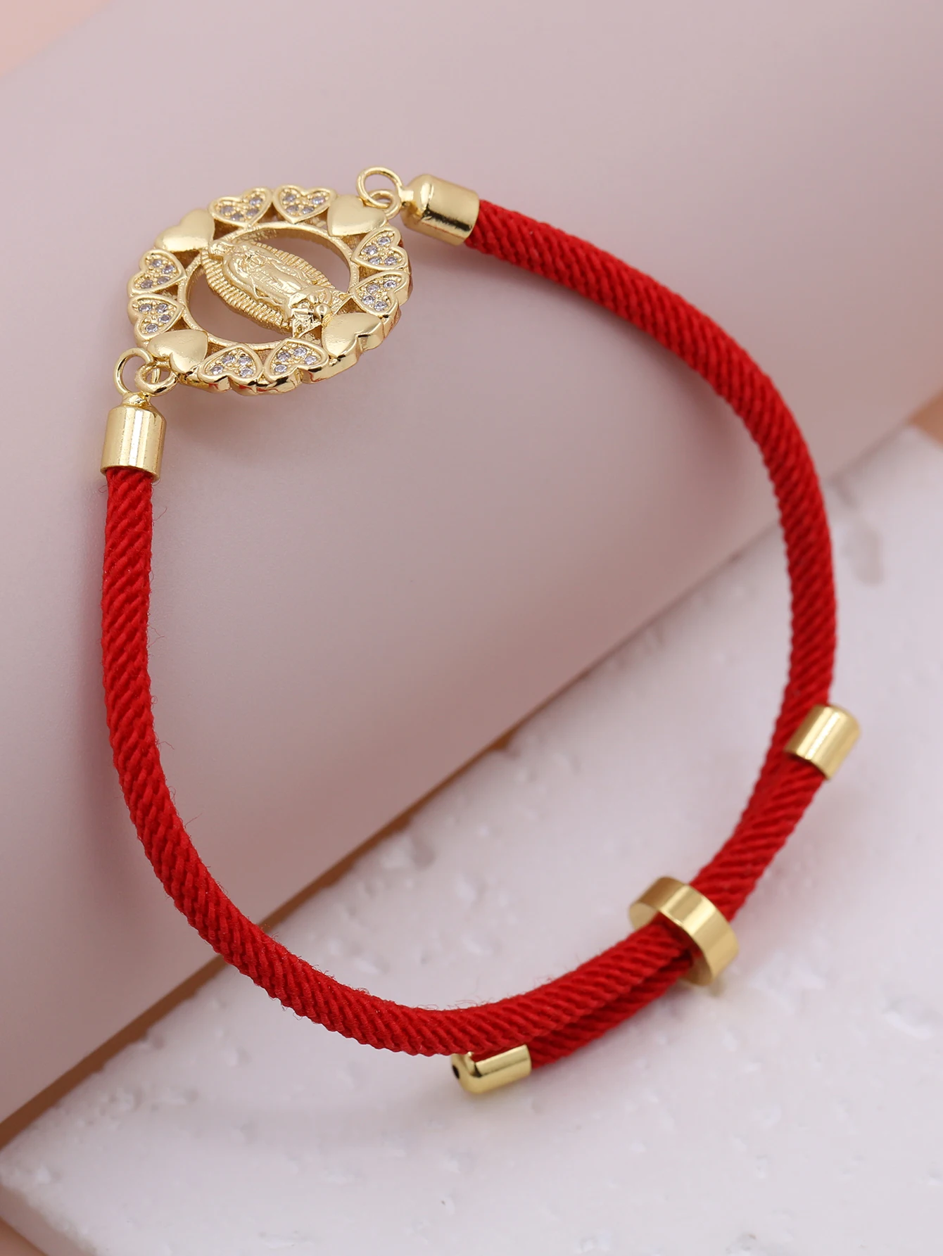 Simple Fashion Red Black Pink Good Lucky Hand Rope Heart Round Shape Virgin Mary Adjustable Pull Push Bracelet Women Jewelry