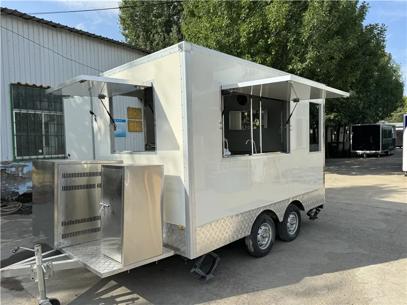 스팟 주식!! 지금 배송!! 3.2M 화이트 모바일 푸드 트레일러, 야외 푸드 트럭 아이스크림 핫도그 카트!!