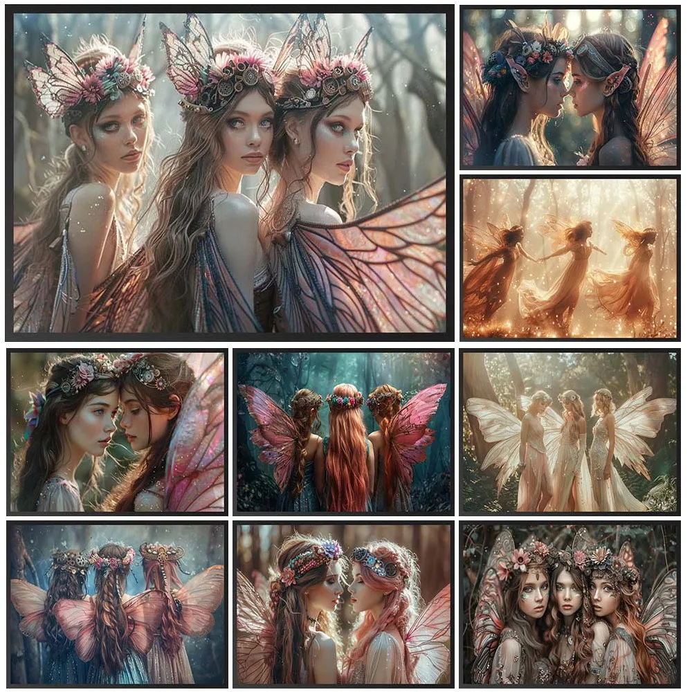 

Modern Fairy Friends Girls with Wings Prints Poster Wall Art Canvas Painting Home Decor Wall Pictures For Living Room Unframed