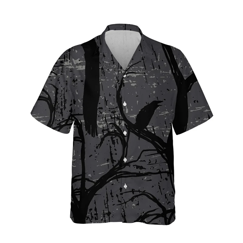 Summer Hot Sale New 3D Printed Shirts Crow Printing Lapel Short Sleeve Horror Fashion Casual Men Tops Traje Single Breasted Tees