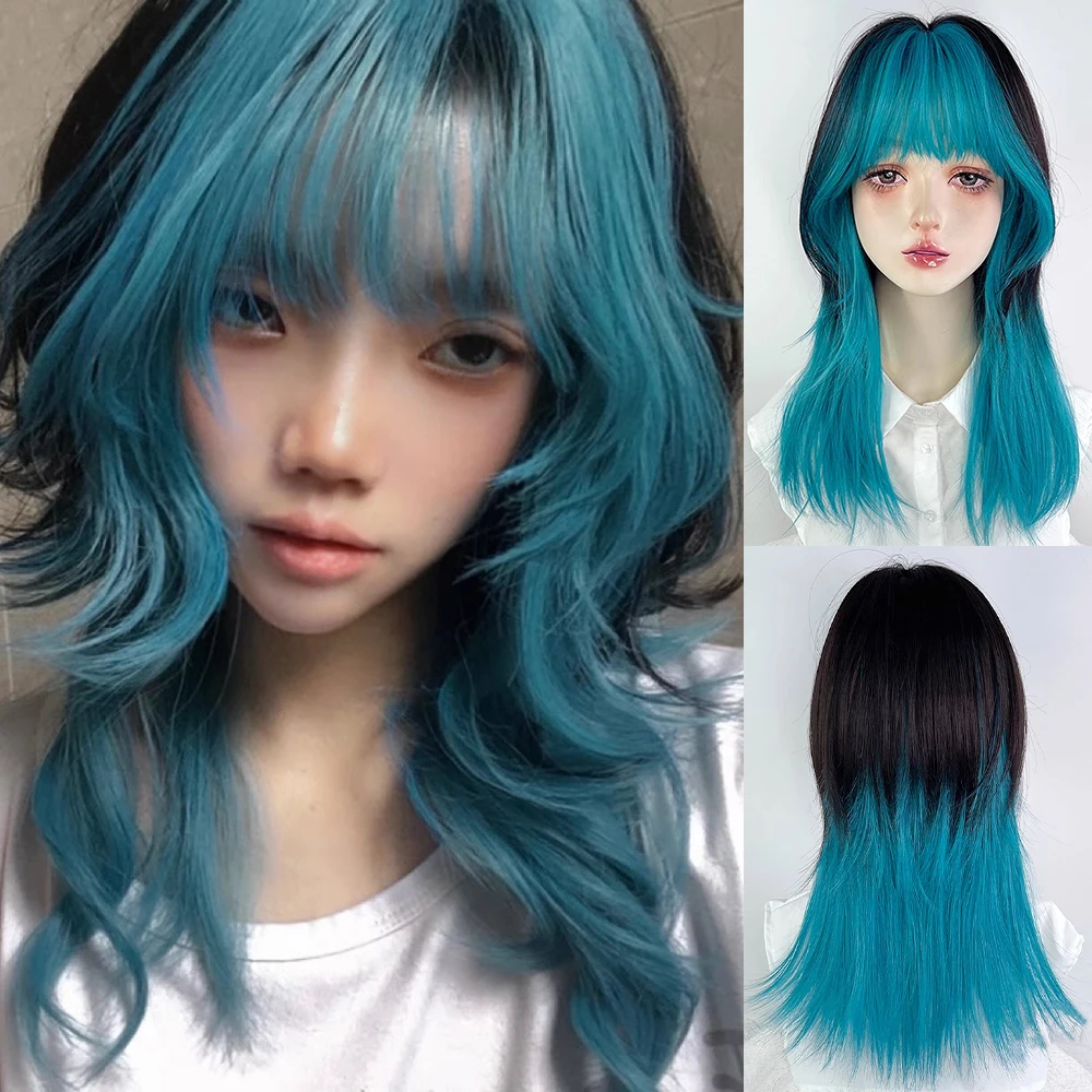 

Black Ombre Blue Synthetic Layered Mullet Head Wig Medium Long Fluffy Women Wig for Daily Party Lolita Cosplay