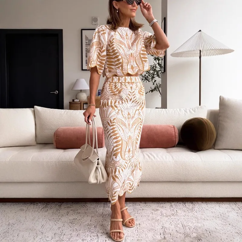 

Summer Women Print Skirt Suit Elegant Short Sleeve Crop Top Shirt Slim Bodycon Skirt Two Piece Set Y2K Vacation Tropical Outfits