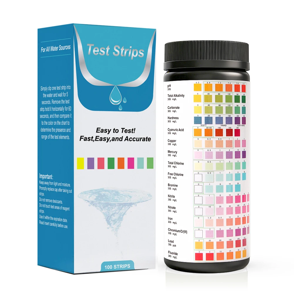 Yieryi 16 in 1 Water Test Strips 100pcs Accurate Hardness Testing pH Chlorine Meter for Pool Drinking Water Aquarium Spa Pond