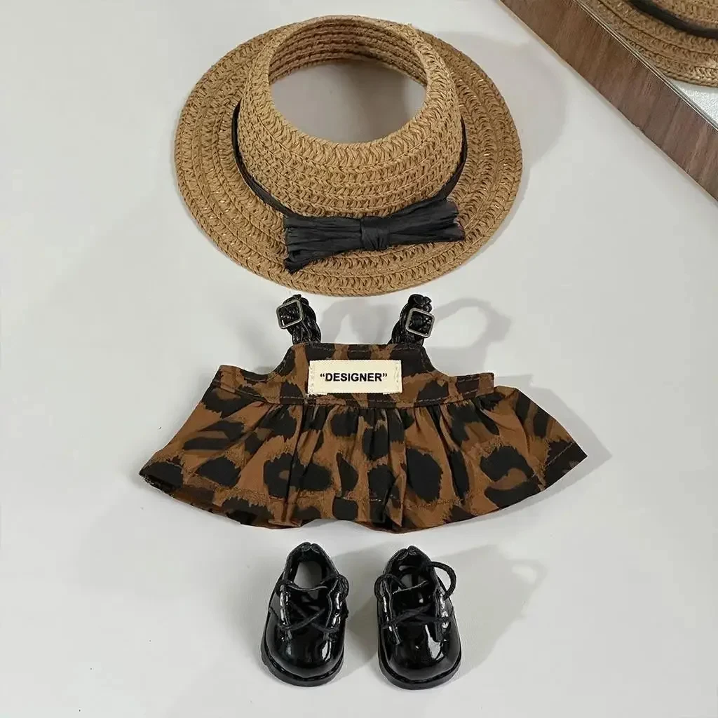 Roupas de boneca para 15/17cm labubu i ii iii mini boneca ídolo de pelúcia estampa de leopardo saia chapéu de palha sapatos acessórios de decoração presente
