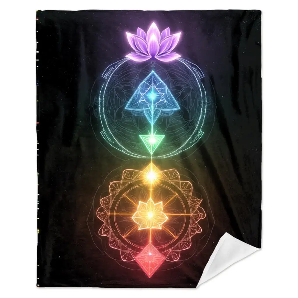 Deep Black Starry Backdrop Dual Glowing Chakra Lotus Mandala Fluffy Throw Blanket, Warm Soft Couch Bed, Yoga Room Decor Present