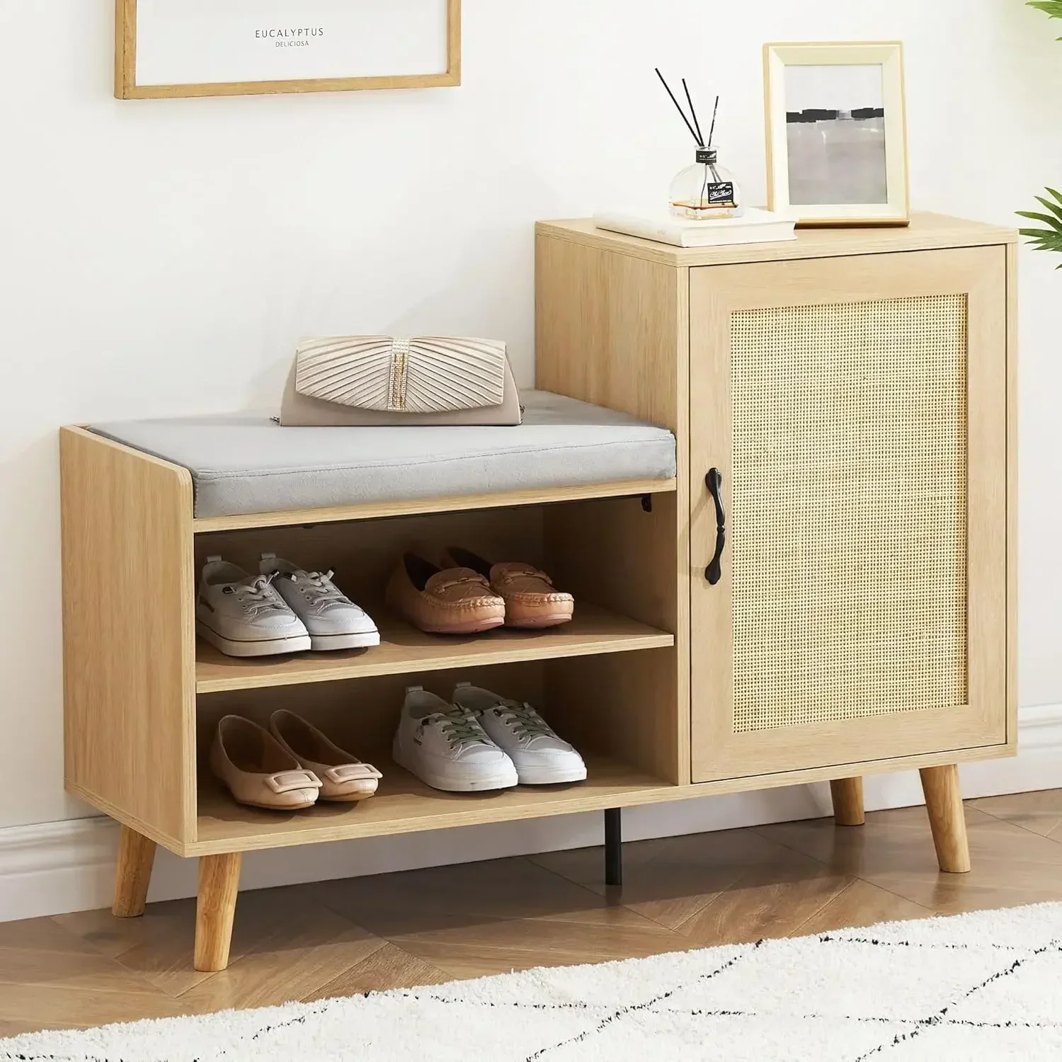 

2-in-1 Shoe Storage Bench, Natural Rattan Shoe Cabinet with 3 Adjustable Shelves and Removable Seat Cushion, Modern Entryway