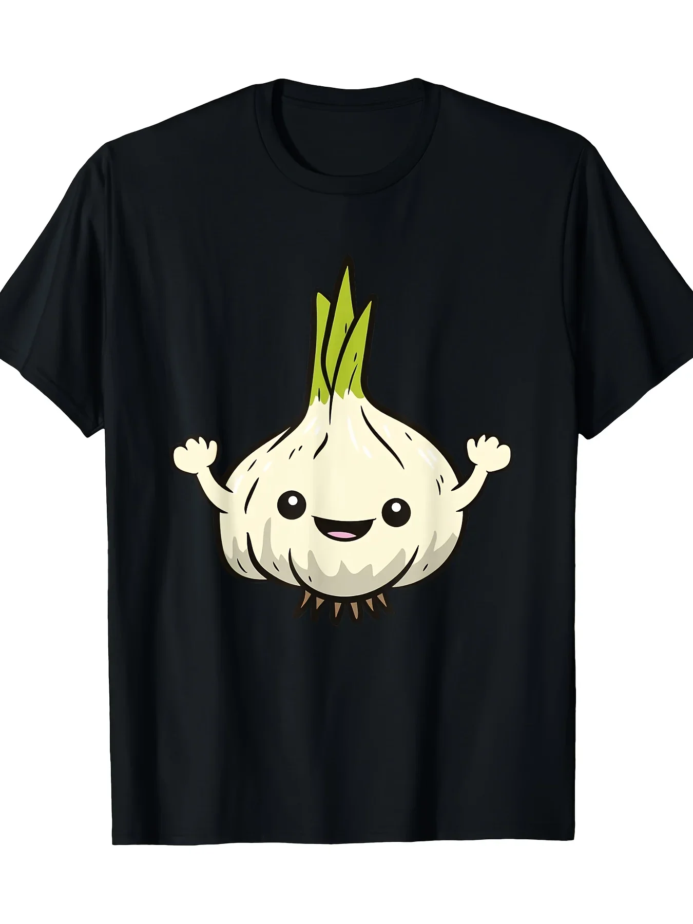 

Cute Cartoon Garlic Bulb Graphic Tee Men's Funny Food Lover Short Sleeve Cotton T-Shirt Casual