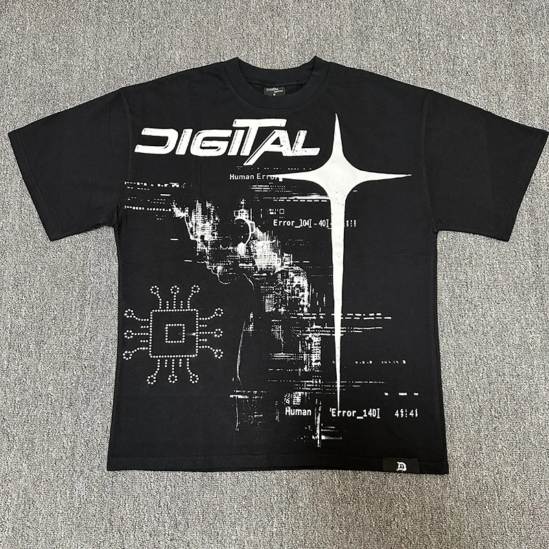 2026 New DIGITAL Men Casual T Shirt Cyber Glitch Figure Chip Code Star Graphic Loose Black Short Sleeve Tee
