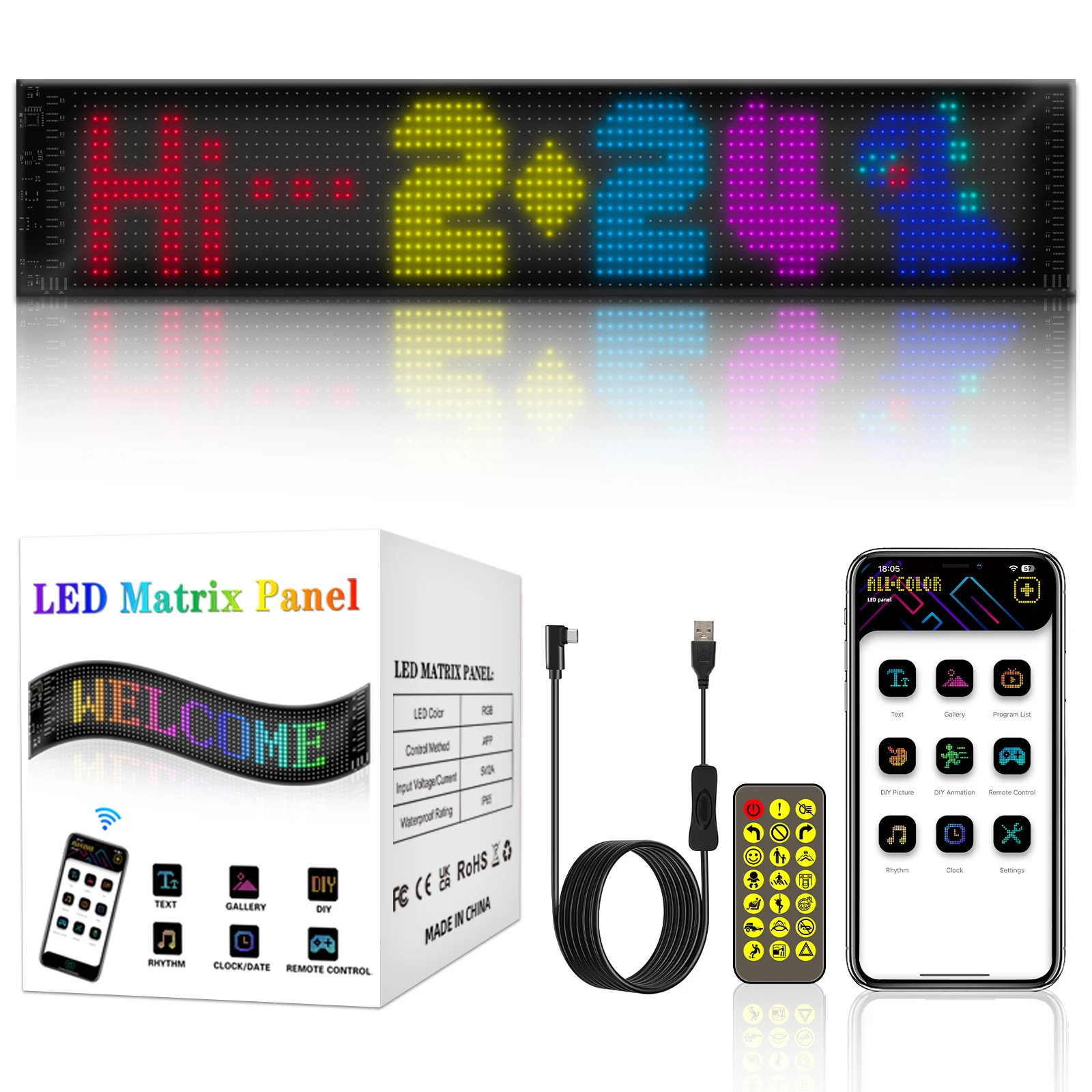 

USB 5V Scrolling Led Matrix Panel, IP65 Waterproof App Programmable Flexible Screen Display Animation Led Car Sign for Shop Ad.