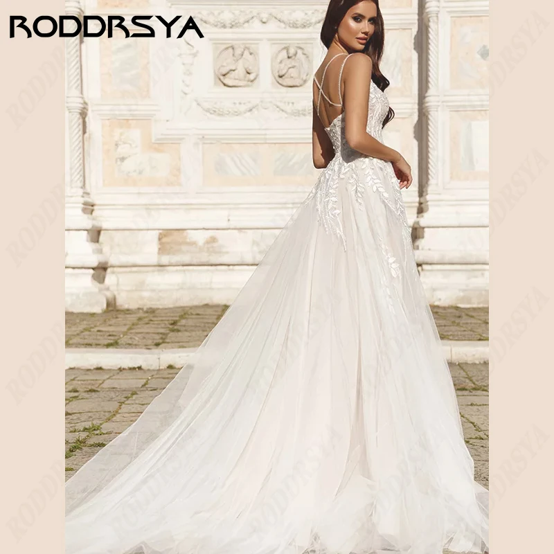 RODDRSYA-Robes de mariée A-ligne en tulle élégantes pour femmes, robe de mariée dos nu, encolure dégagée, appliques en dentelle, fête des patients-Robes de mariée A-ligne en tulle élégantes pour femmes, robe de mariée