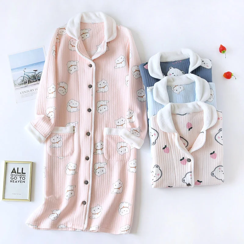 Three-Layer Thickened Warm Cardigan Mid-length Thickened Cotton Nightgown Autumn Winter Air Cotton Cartoon Home Wear