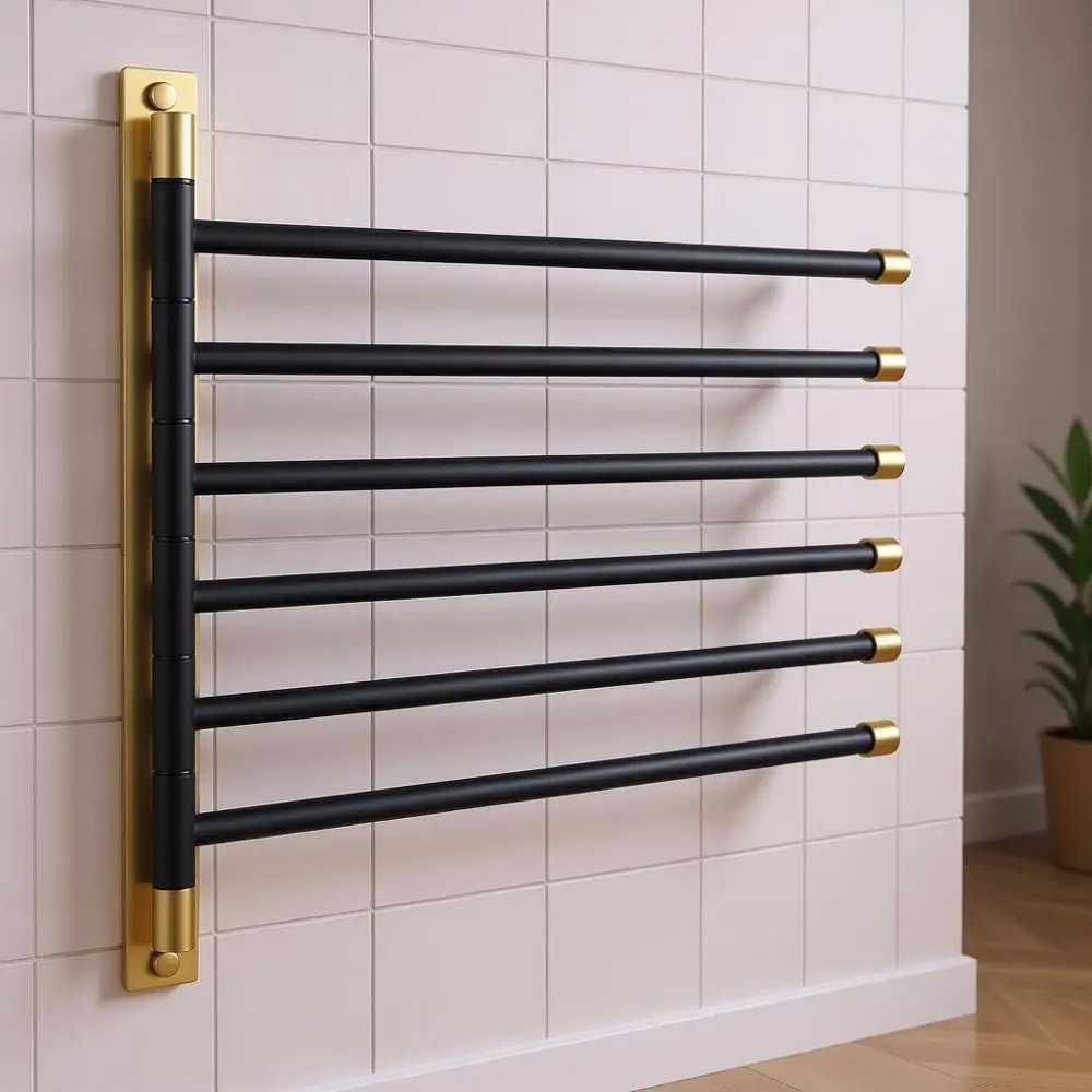 

Настенный держатель для полотенец с 6 поворотными кронштейнами, органайзер для ванных полотенец, нержавеющая сталь, черное и золотое покрытие