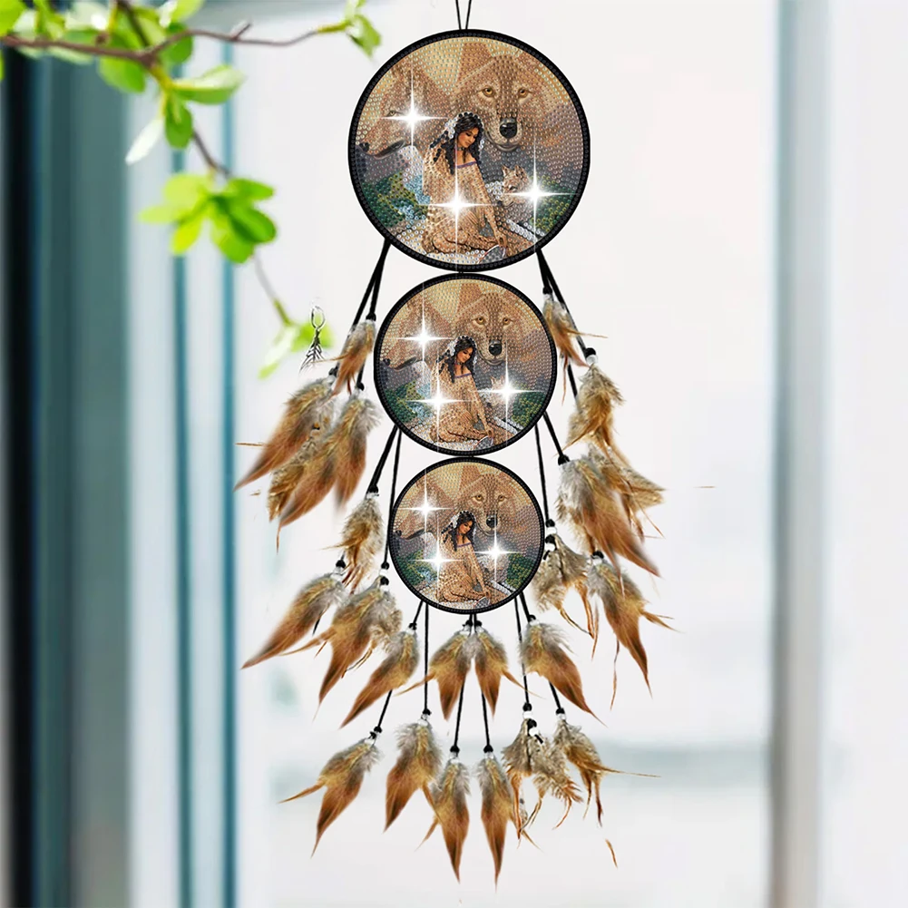 Wolf Feather Wind Chime Diamond Painting Hanging Pendant 5D DIY Diamond Painting Dots Pendant for Home Wall Decor