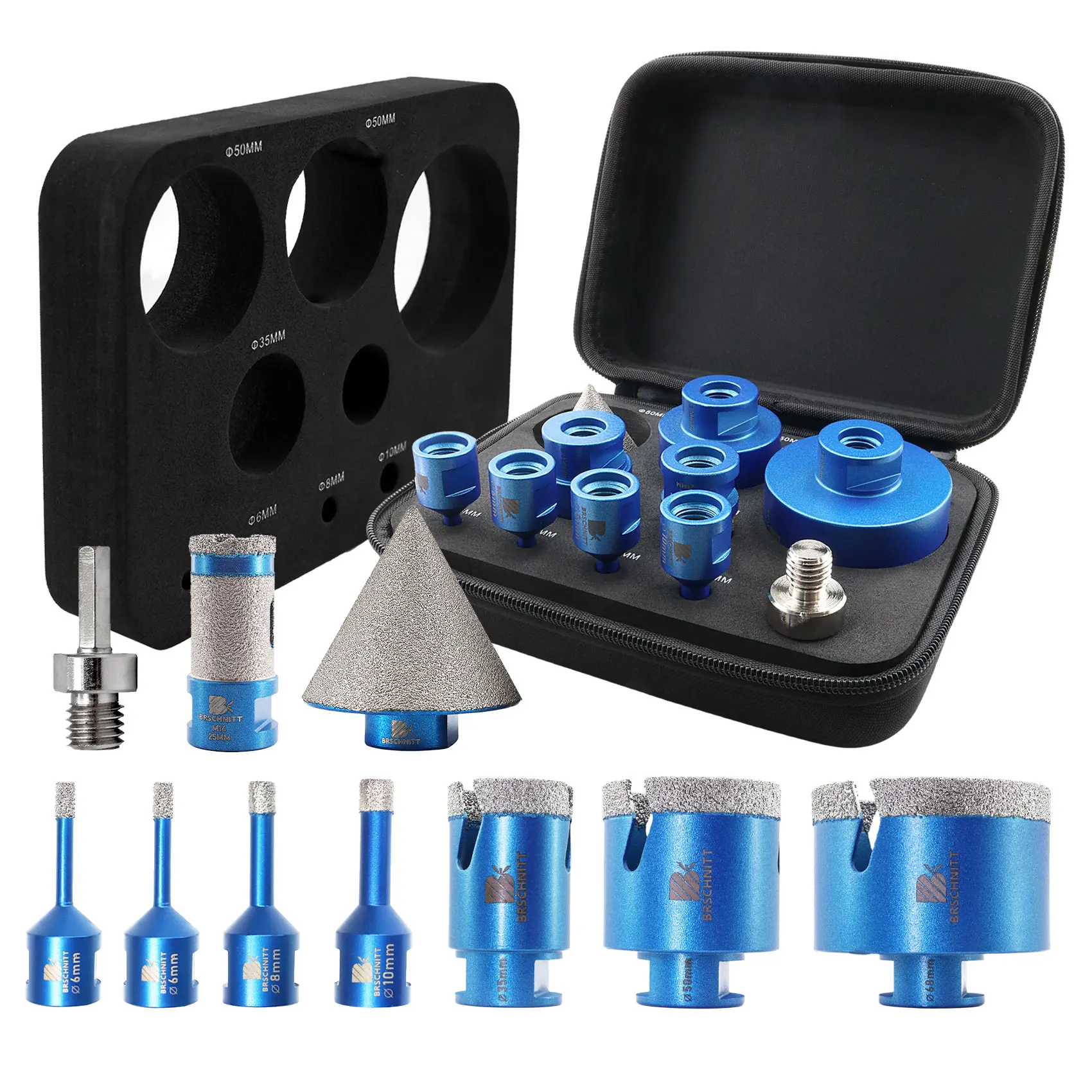 BRSCHNITT 10-teiliges Diamant-Bohrerset für Fliesen, Granit, Marmor, Stein, Bohren, Fräsen, Lochsäge, Kernbohrer-Adapter