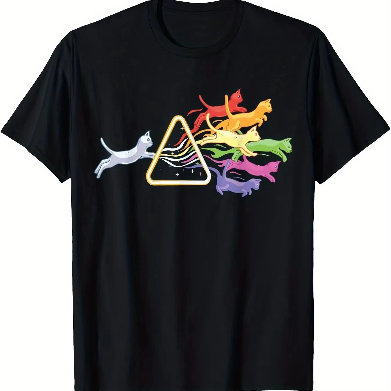 Unisex Funny Prism Rainbow Cat Graphic Tee, Physics Science Theme Comfort Casual Short Sleeve T-shirt