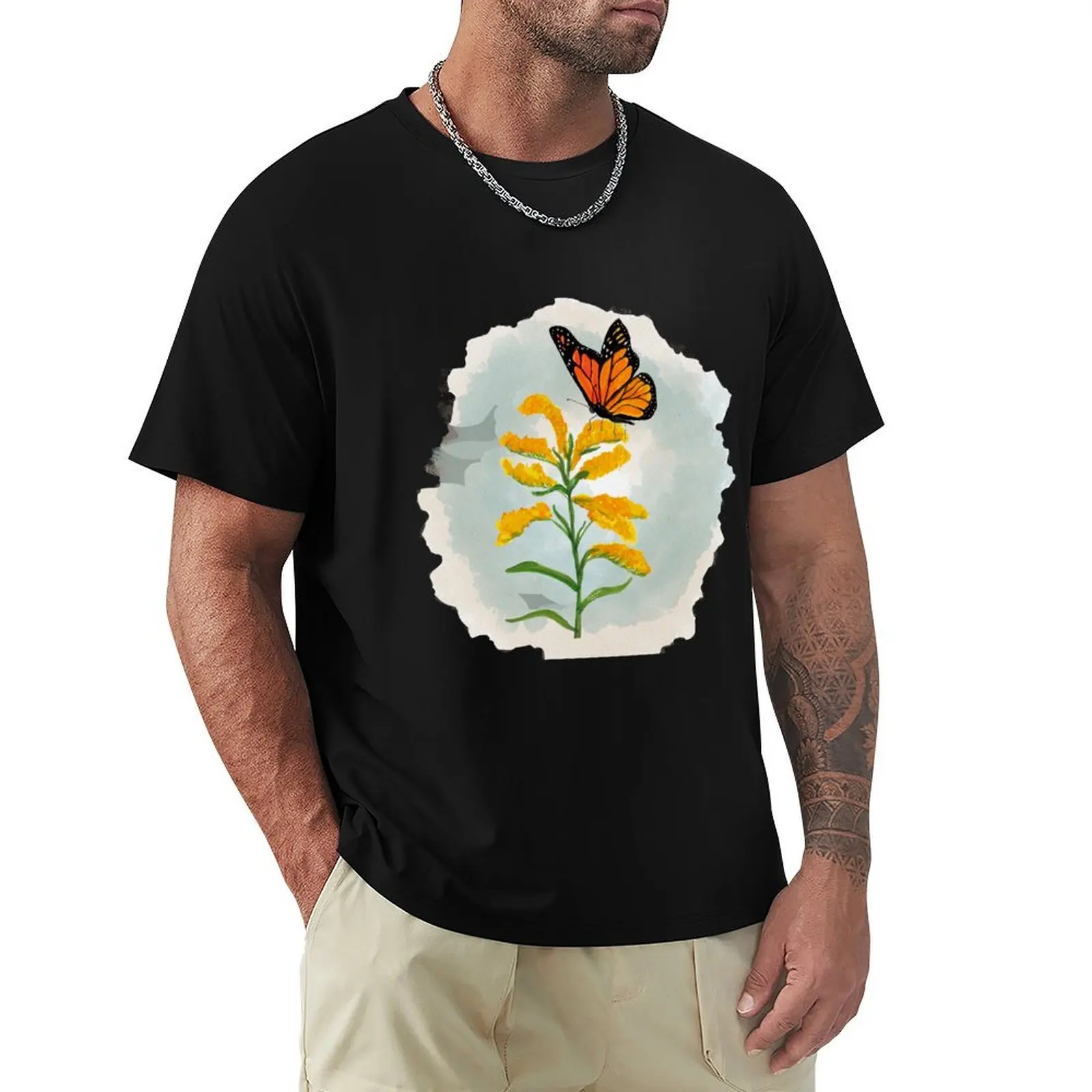Monarchs and goldenrod - Teal T-Shirt No Iron Casual Short Sleeve Top
