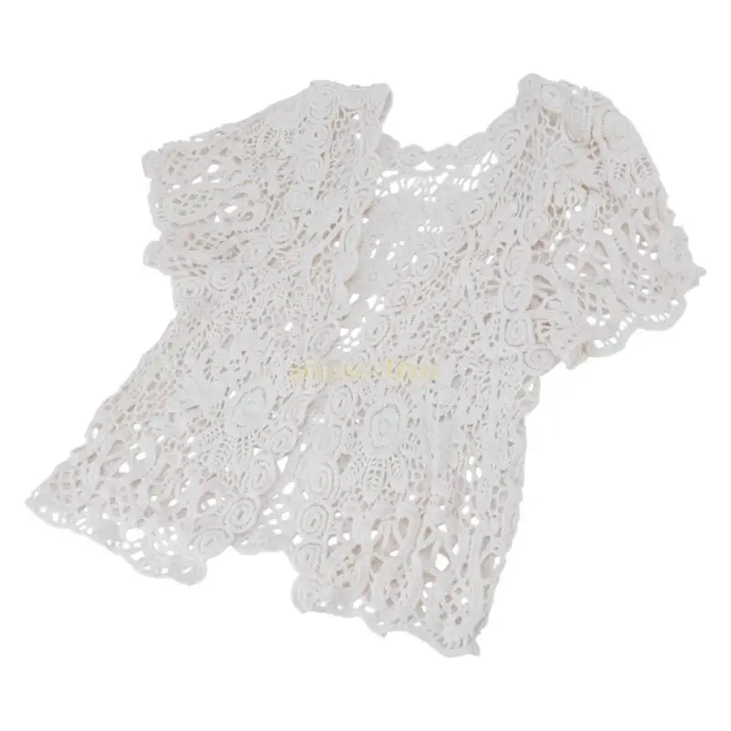 31BF سترة صوفية نسائية من الدانتيل مع سترات قصيرة الأكمام من الكروشيه الشفاف #2