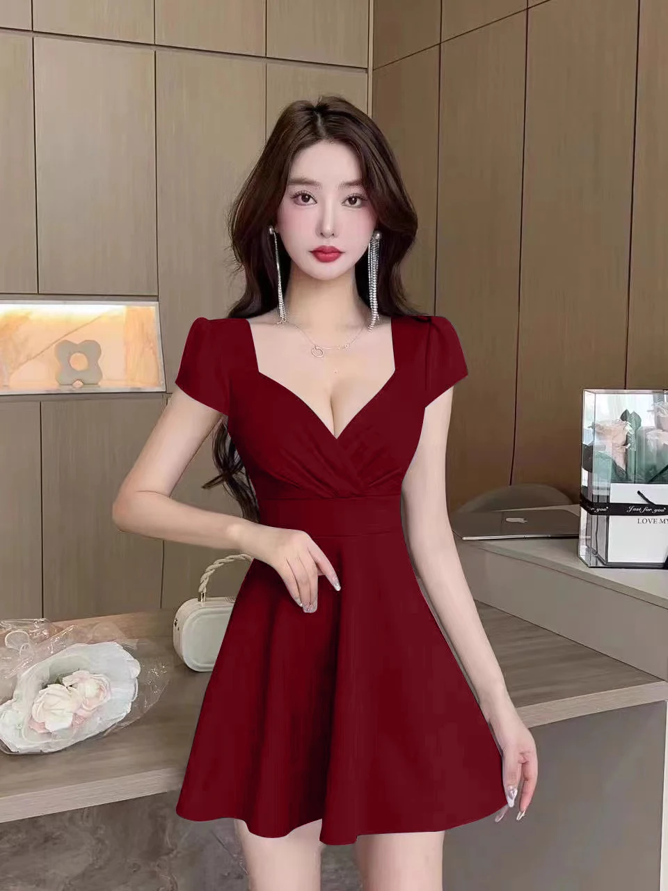 a line dress sexy Low Cut A-Line Nightclub Summer Outfit Technicians Work Uniform Foot Bath Spa Club Short Skirt High Waist Line cut Lilac Open-Back Long Prom Dress Colour:Olive green