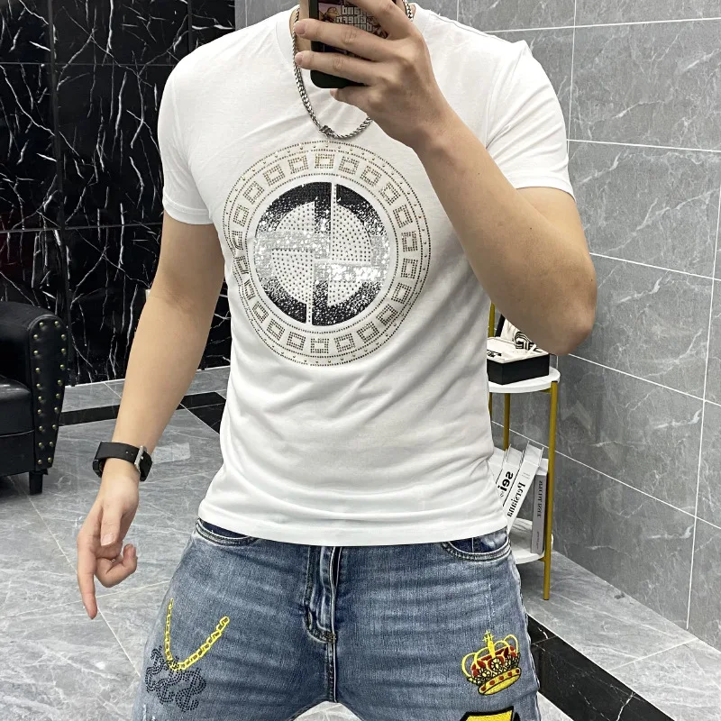 2024 Rhinestones T Shirts Men Summer Clothes Abstract Pattern Fashion Streetwear O Neck Short Sleeve Slim Mens Tee Shirt Homme