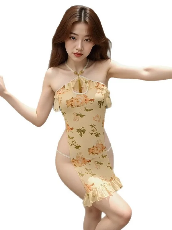 Robe Cheongsam Sexy et Élégante à Imprimé Floral, Décolleté Plongeant, Dos Nu, Bretelles, Sans Manches, DFZ4