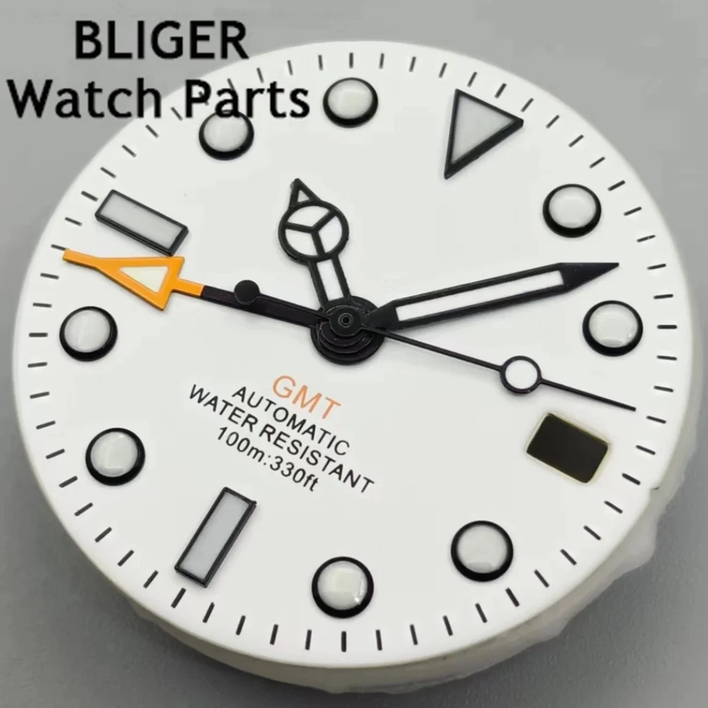 BLIGER 29mm GMT Watch Dial Black White Green Dial With Hand Set Orange Red Green GMT Text C3 Green Luminous Fit NH34 Movement