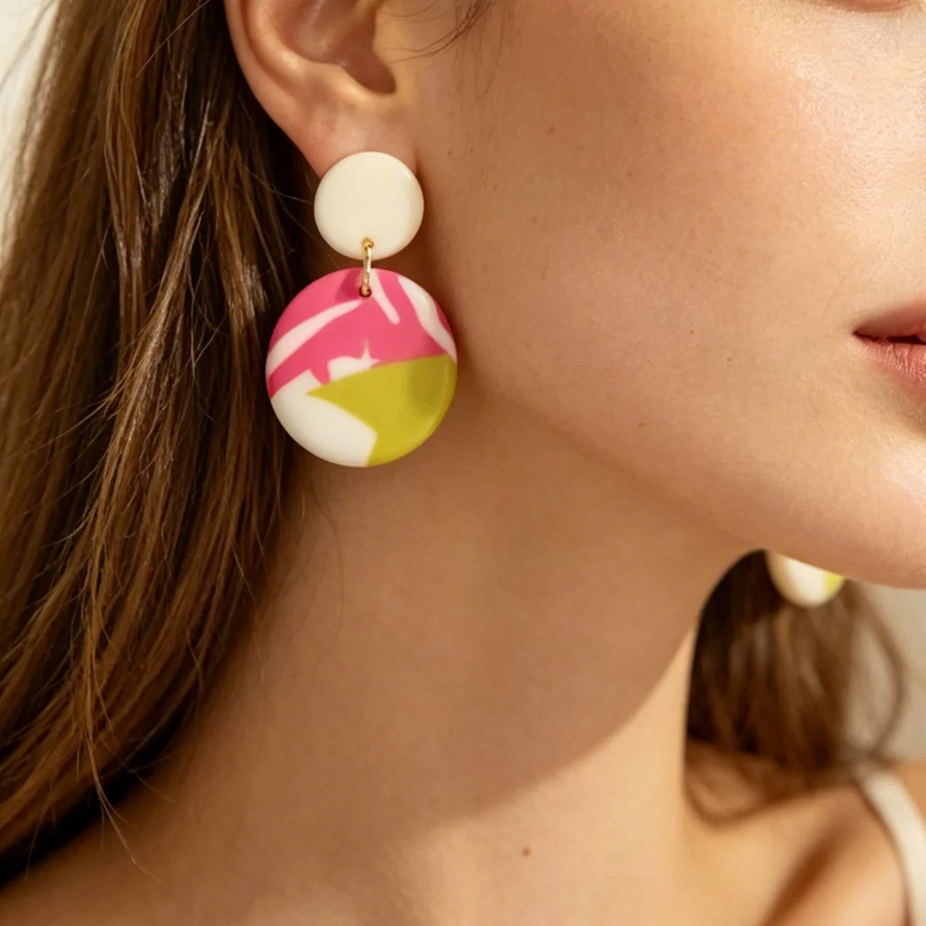 Boho Dangle Polymer Clay Earrings Lightweight Handmade Arch Round Womens Jewelry in Purple Pink Mint Yellow with Sprinkle Stripe