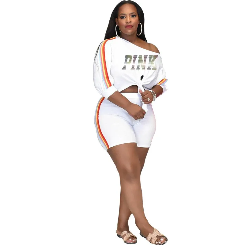 WSFEC L-5XL plus size two piece sets women clothing fashion stripe irregular loose casual sexy short matching set female outfits