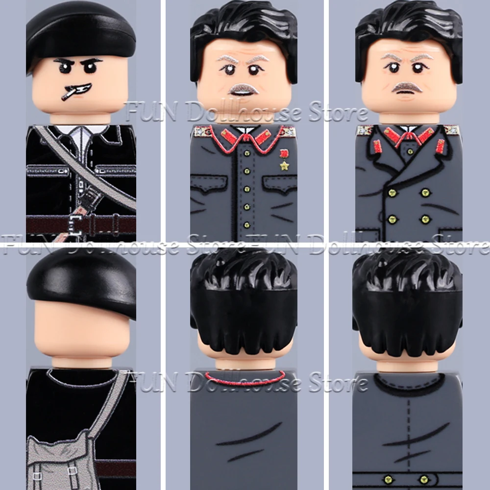 Figurines de soldats de l'Armée Rouge soviétique de la Seconde Guerre mondiale, blocs de construction militaires, infanterie de guérilleros français, armes, affiches imprimées, briques, jouets