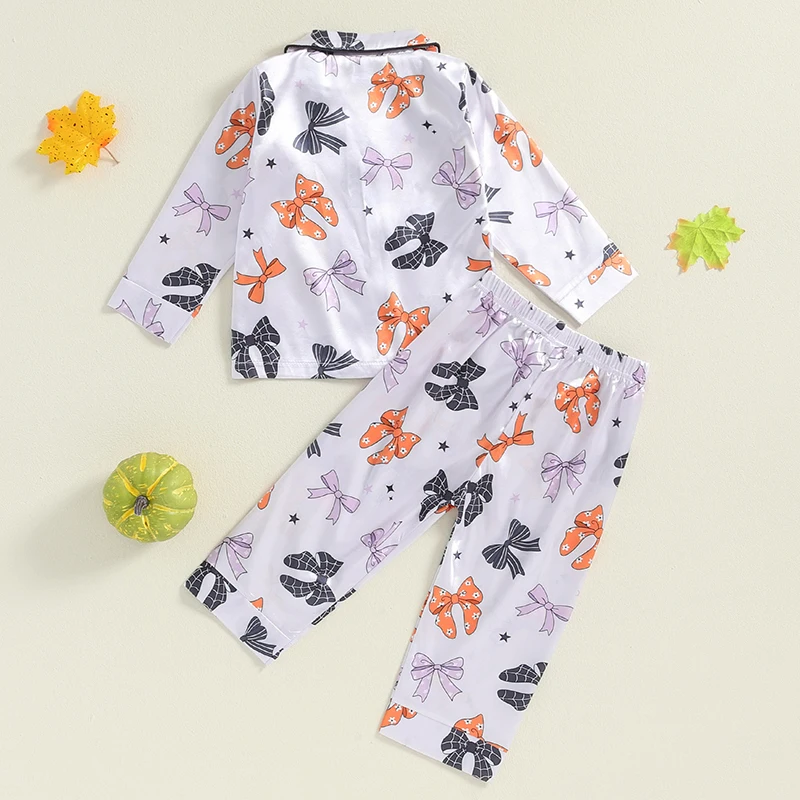 Suefunskry Kids Girls Halloween Pajama Sets Long Sleeve Lapel Pumpkin/Bow Print Shirt Pants Fall Sleepwear Casual Homewear