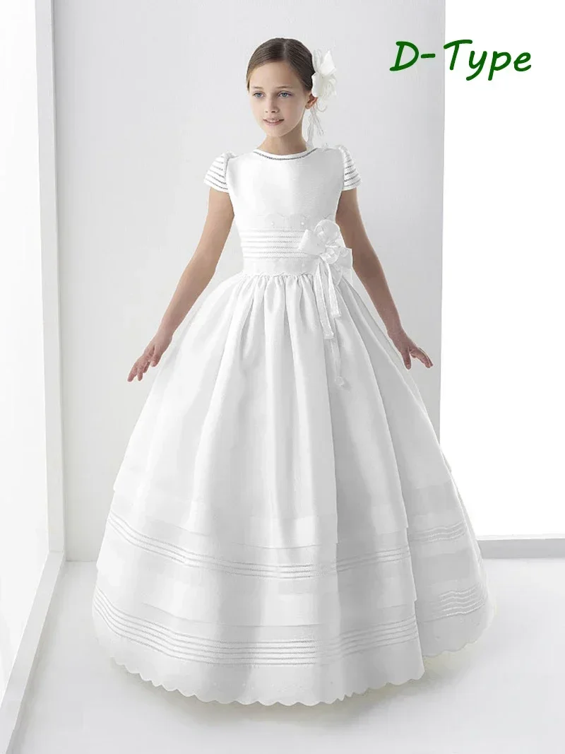 First Communion Gowns White Satin Flower Girl Dress Short Sleeves With Bow Little Princess Kids Birthday Evening Pageant Dresses