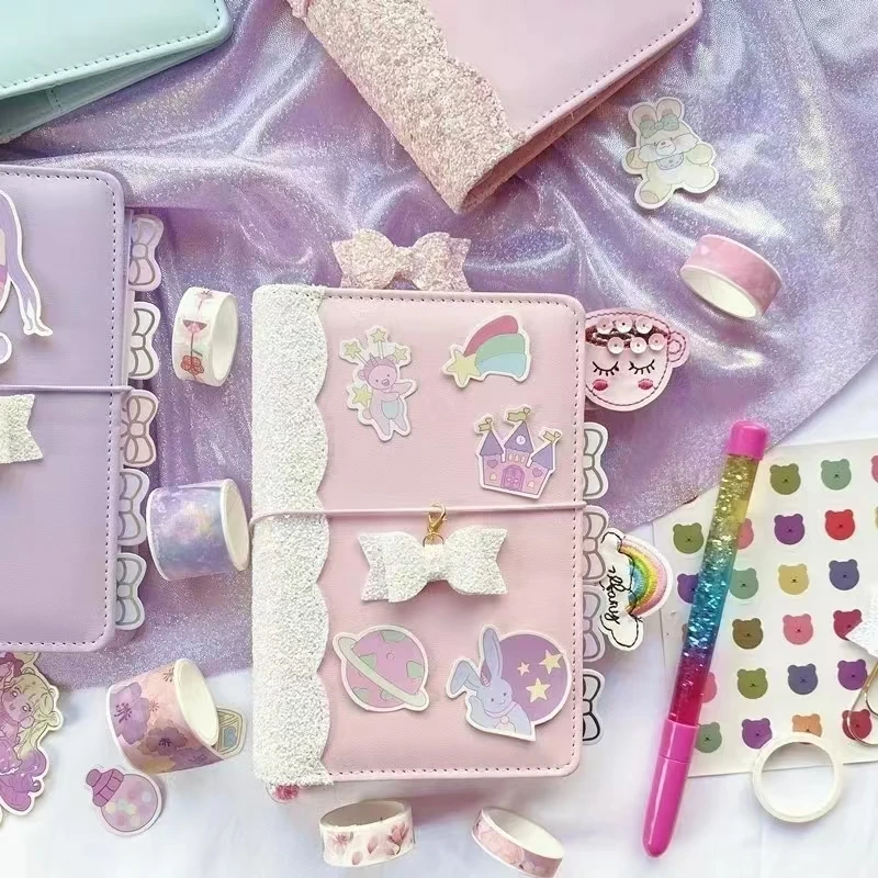 Cuaderno de diario de Macaron con lentejuelas para niña, suministros de papelería coreanos de hojas sueltas, A6, planificador creativo, Kawai