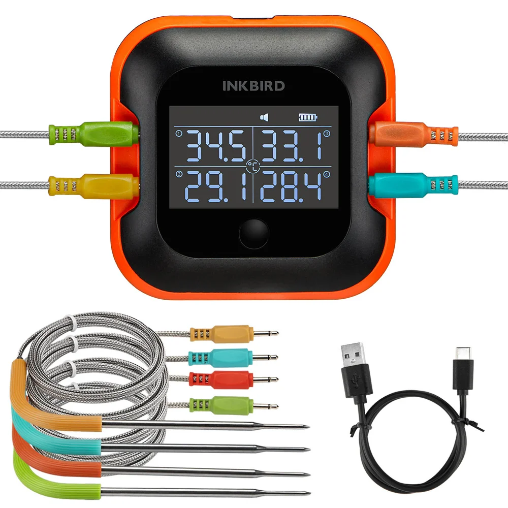 INKBIRD BBQ IBT-24S Meat Thermometer With 4 Color Probes Large Backlit LCD Digital Grill Thermometer With Smart App Monitor