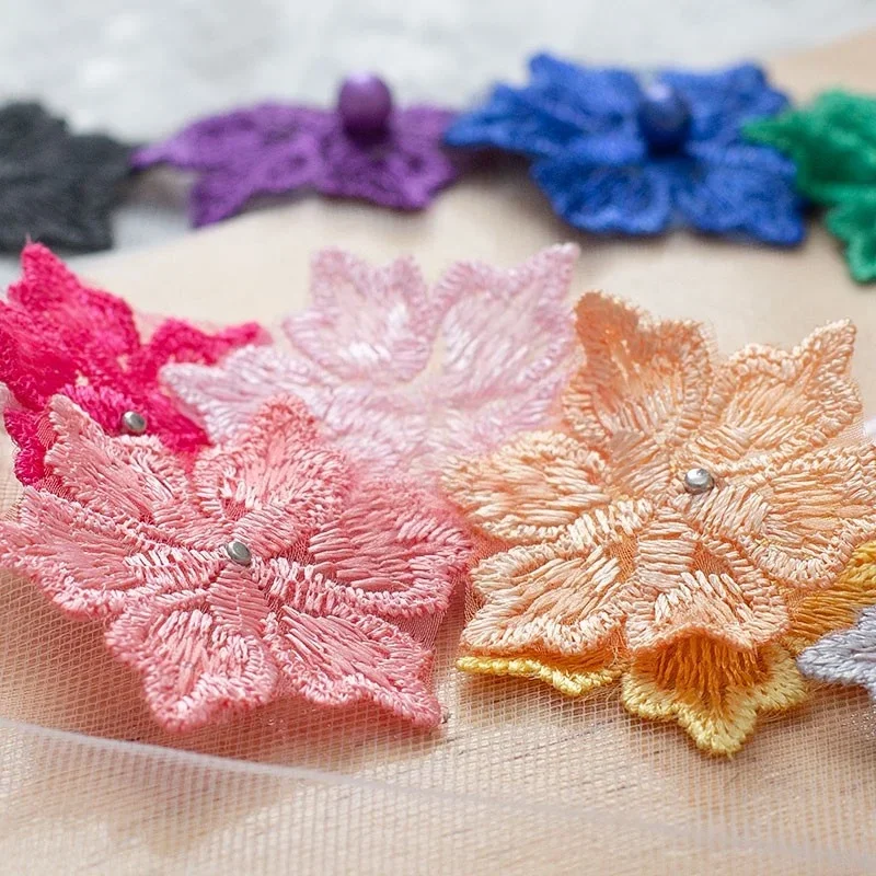 3 Pcs/lot 4.5cm Quality Single-layer Color Beaded Flower Organza Lace Patch Sticker