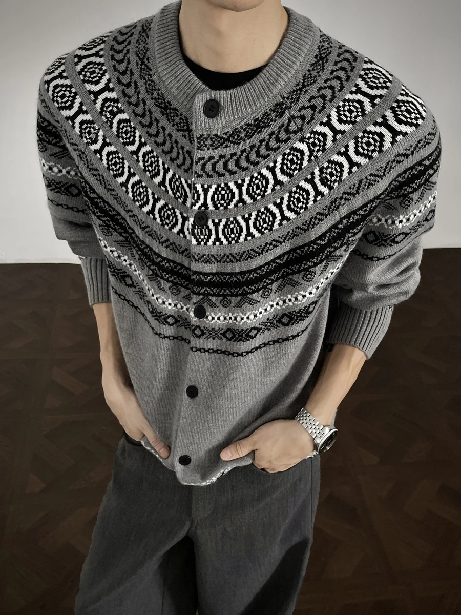 

Мужской вязаный кардиган в американском ретро-стиле, осенне-зимний, теплый, повседневный, с узором Fair Isle, свободного кроя, удобный, мягкий, из акрила