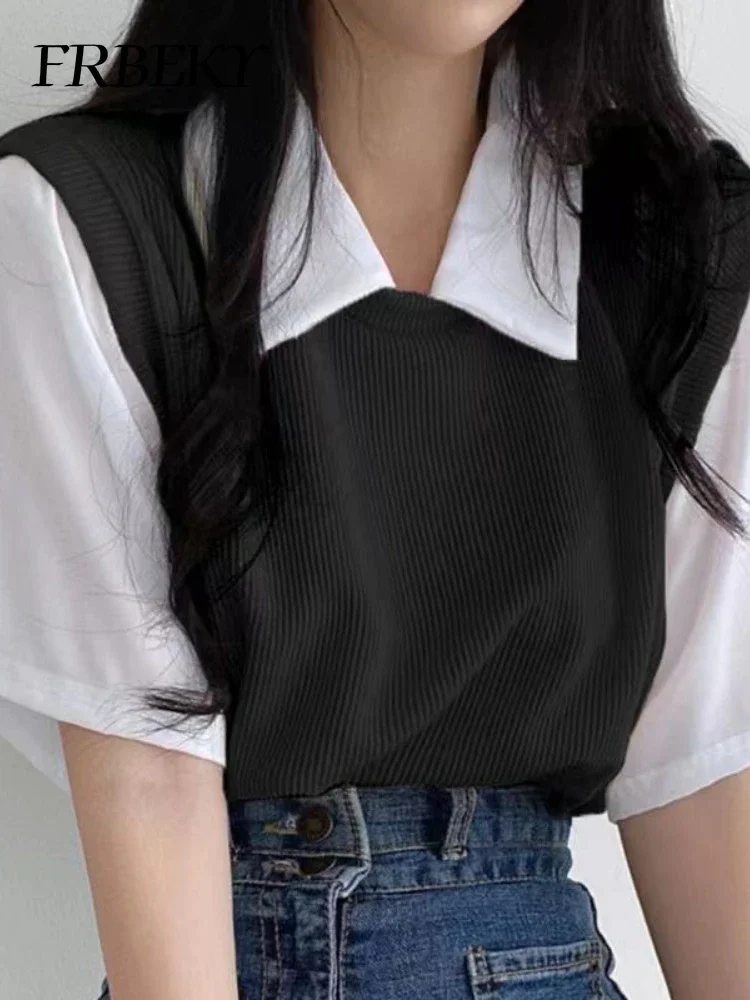 Summer New Polo Collar Tops Fake Two Pieces College Style Color Collision Short-sleeved T-shirt Shirts & Blouses Korean Fashion