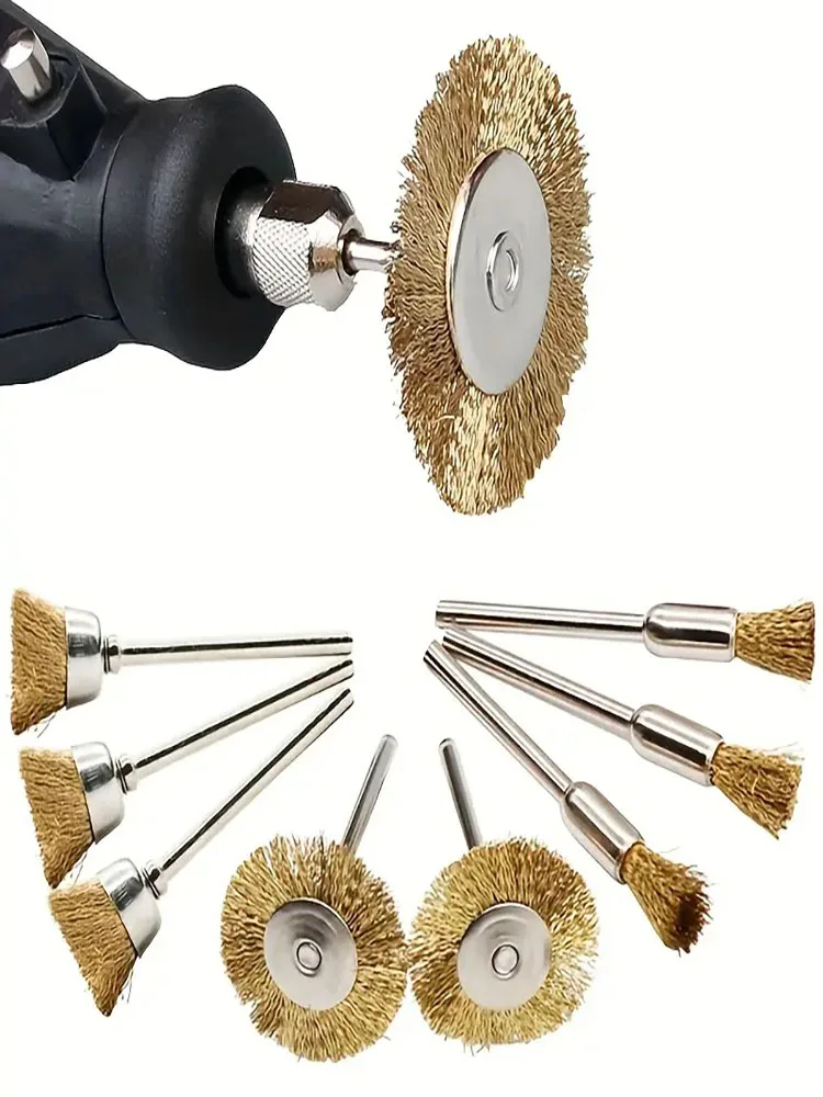Brosse en fil d'acier et laiton, outil rotatif, foret électrique Dremel, meule de polissage, accessoires de brosse en forme de T 9 pièces